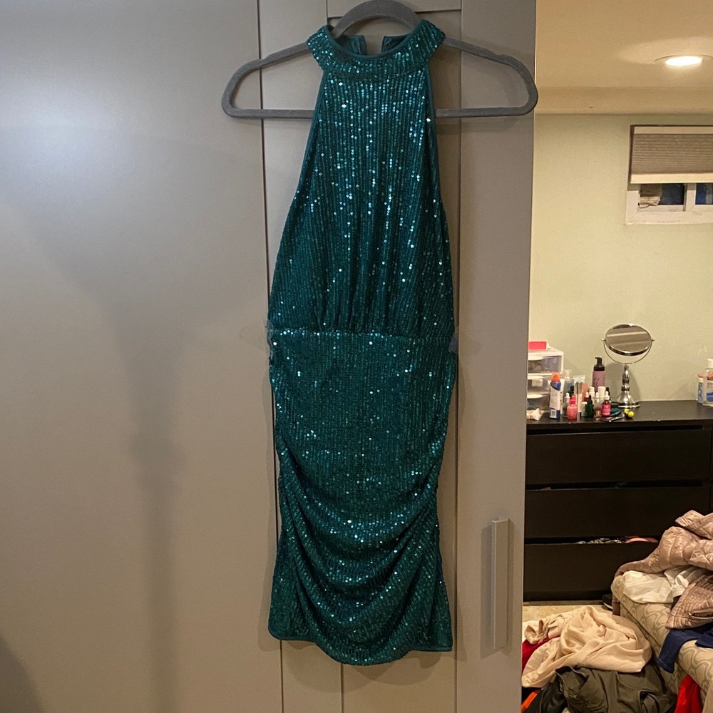 SHEIN Teal Sequin Halter Dress